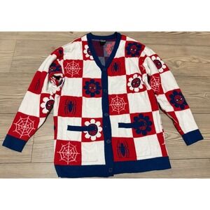 BoxLunch Womens Spider-Man Checkerboard Cardigan Sweater Blue Red Size SM Marvel